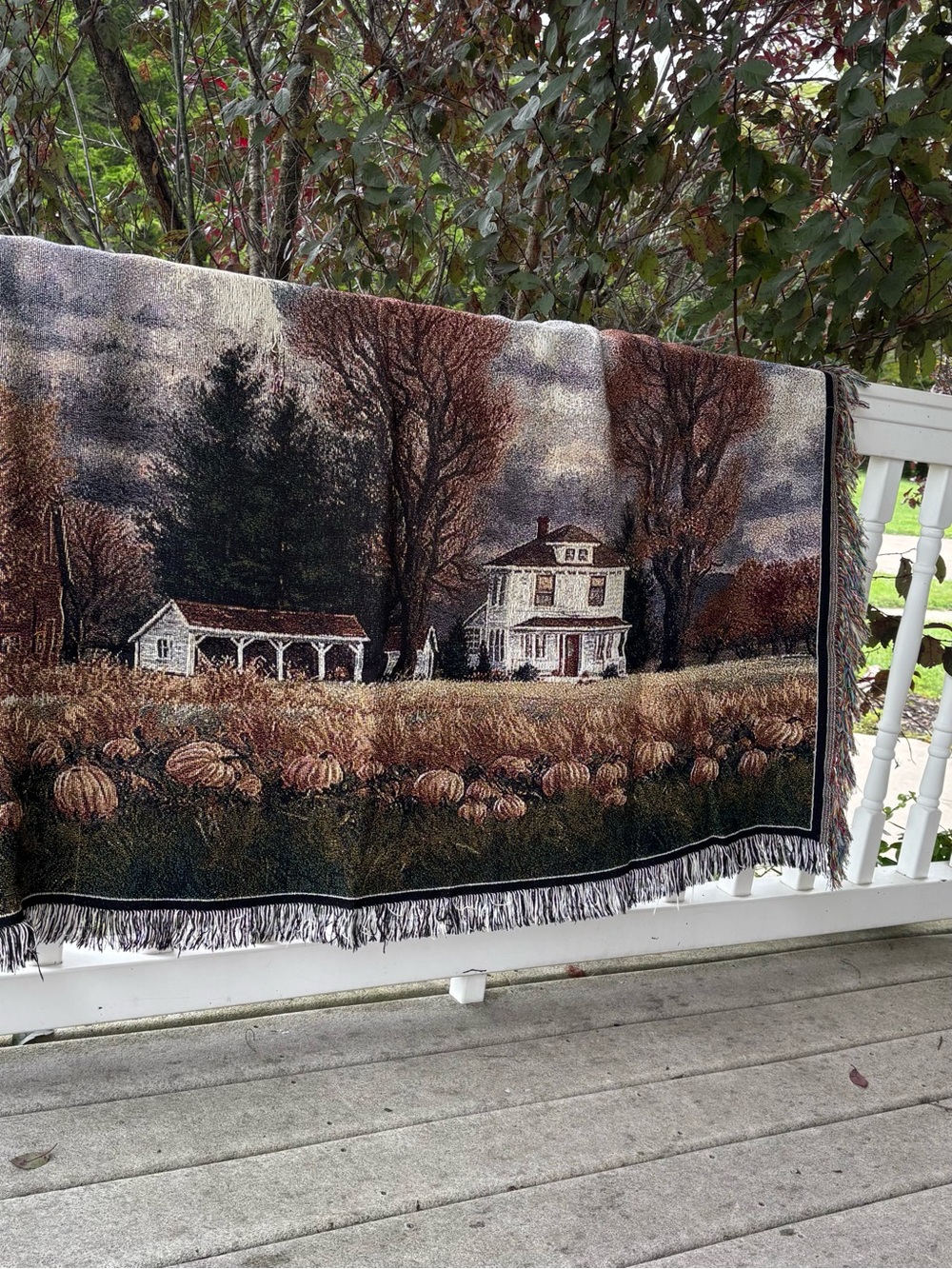 Vintage 1990's Woven Cotton Tapestry Blanket with Rustic Autumn Landscape